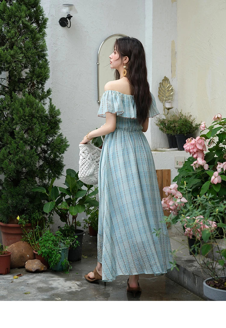 MISHOW Women's Fashion Slash Neck Chiffon Dress 2025 Ladies Elegant Vacation Striped French Dresses Female Clothing MXE39L2380