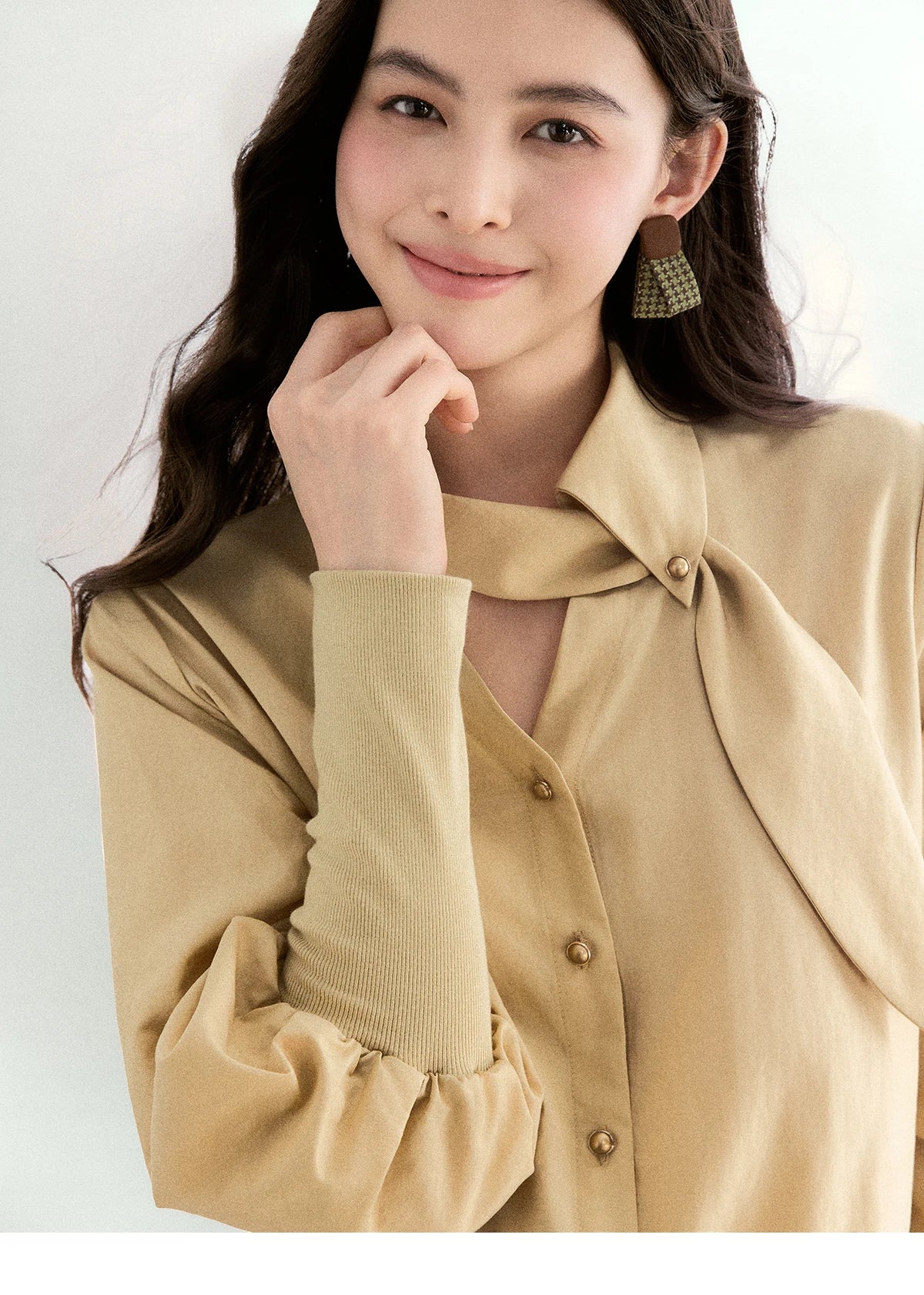 MISHOW Women's Tie Neck Shirts Spring Hollow-out Knitted Patchwork Puff Sleeve Tops Casual Elegant Shirt Office Lady MXF108C0812