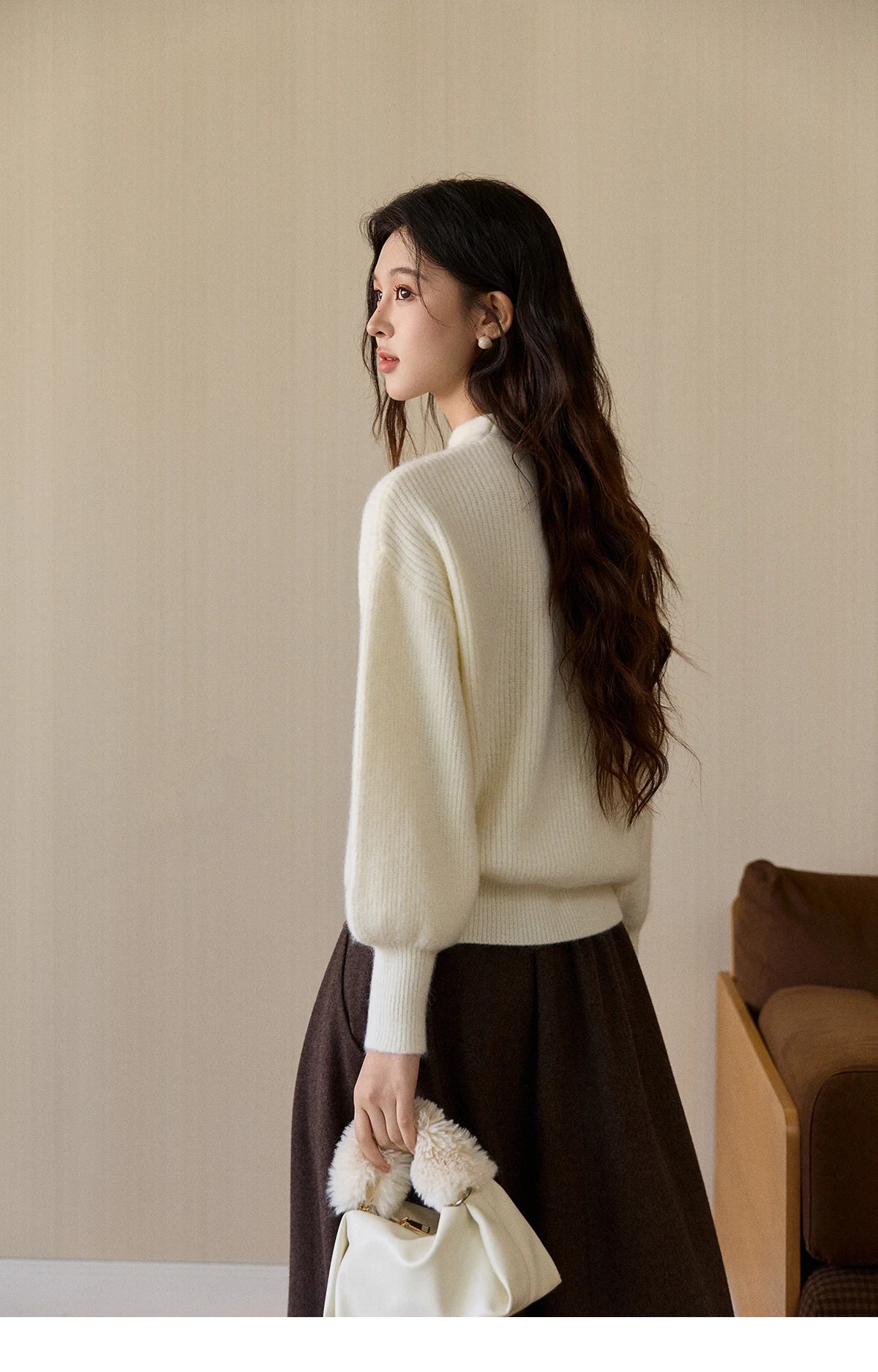 MISHOW Women's Cutout Neck Knitted Sweater 2025 Winter Ruffle Flower Decor Dropped Lantern Sleeves Pullover Tops MXE94Z2982