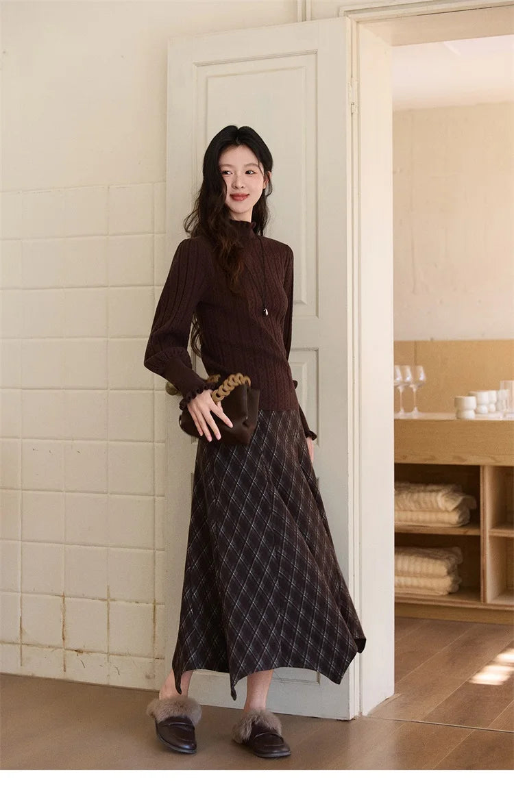 MISHOW Women's Half Turtleneck Ruffle Trim Lantern Sleeve Bottoming Tops 2025 Winter Vertical Rib Slim Knitted Top MXE93Z2810