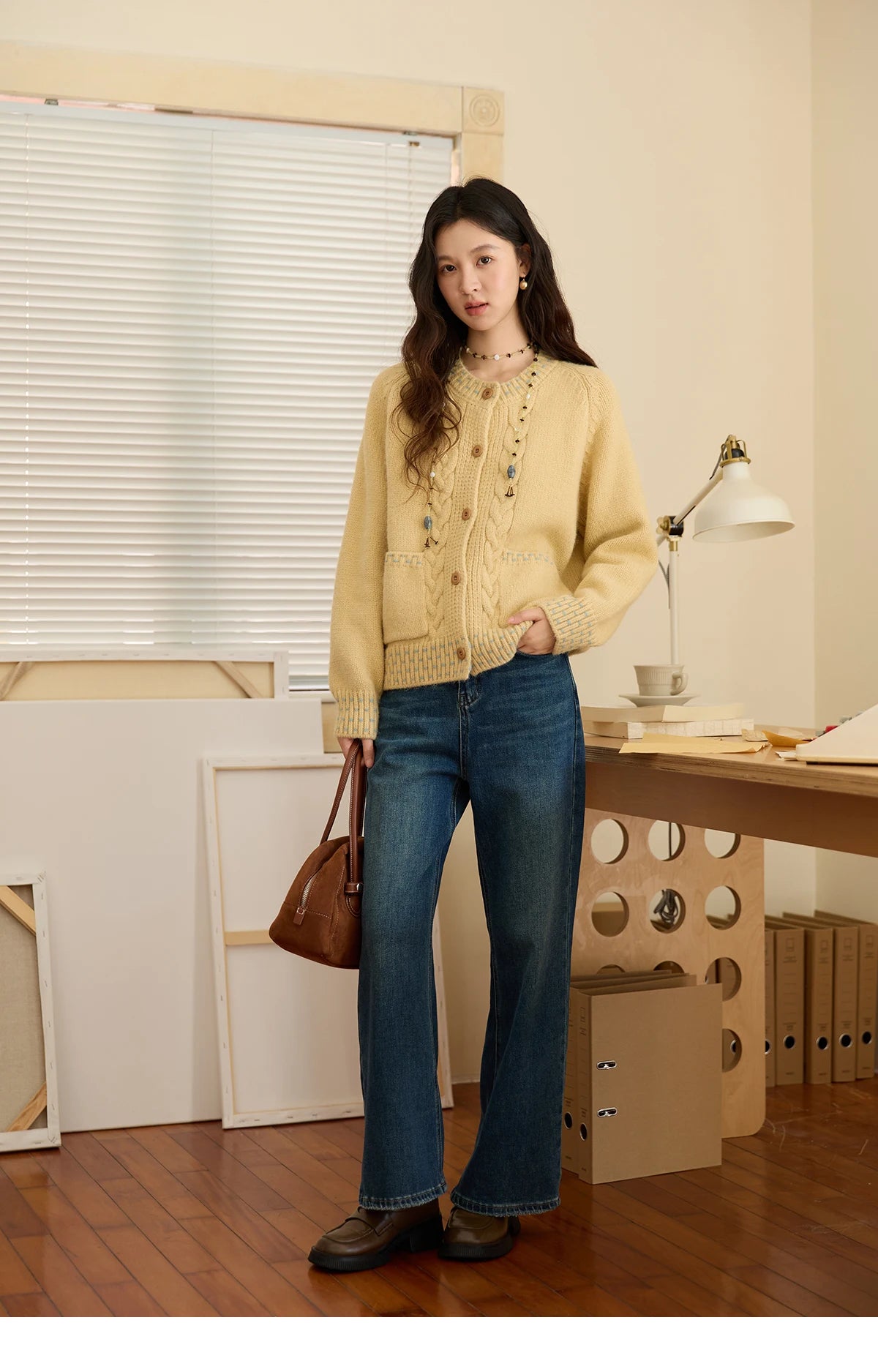 MISHOW Women's Cardigan 2025 Autumn Winter Yellow Cable Knit Cardigan Hand-Drawstring Design Commuter Short Jacket MXE47Z2566