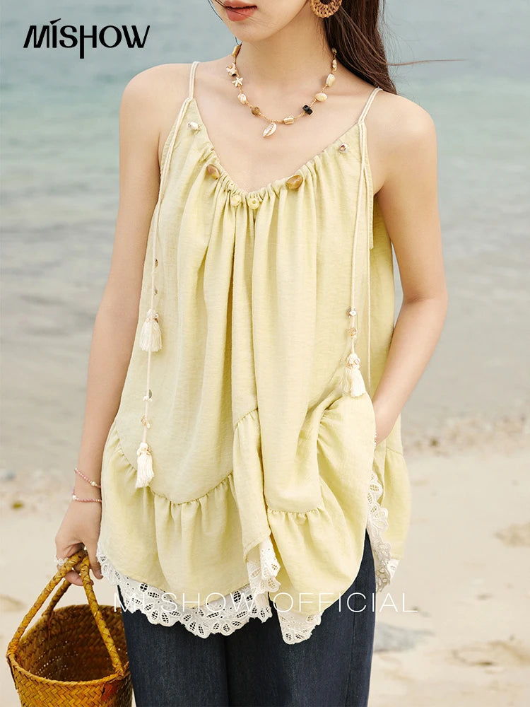 MISHOW French Summer Camisole for Women 2025 Sweet Lace Hollow Flower Sleeveless Tops Female New Fashion Holiday Top MXE33X1758