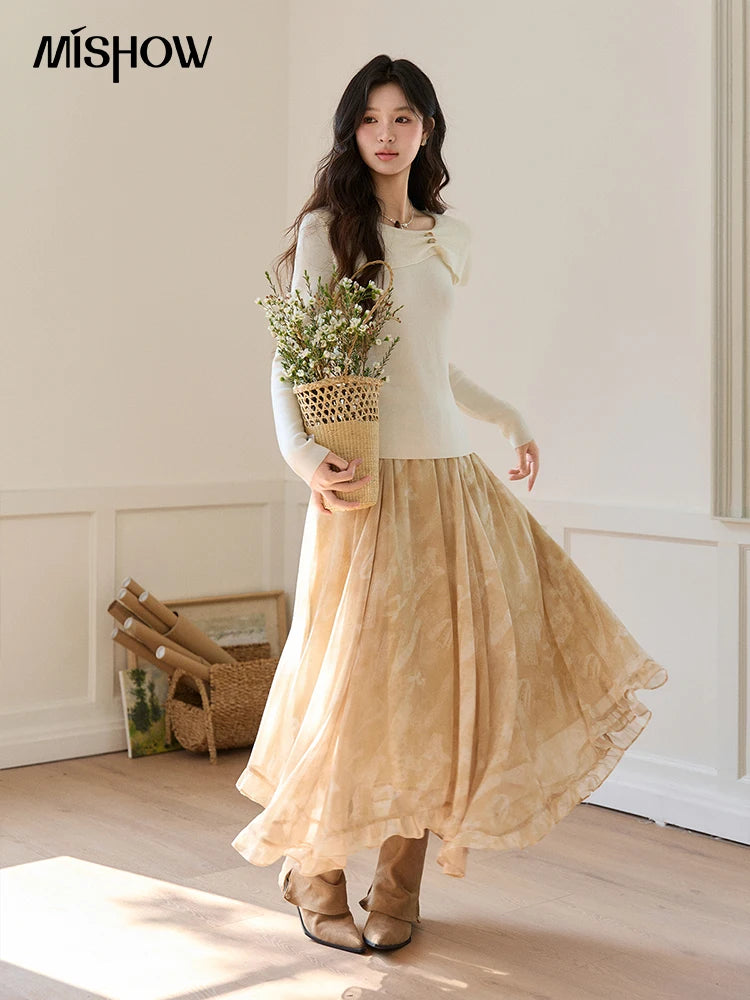 MISHOW Women's Beige Wool Blend Knit Sweater 2026 Spring Asymmetrical Collar Long Sleeve Top Slim Casual Thin Sweater MXF11Z2918