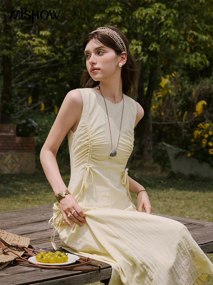 MISHOW Office Lady Summer Dress Women New 2025 Sleeveless Round Neck Drawstring Waist with Pockets Slim Dresses Woman MXE34L2228