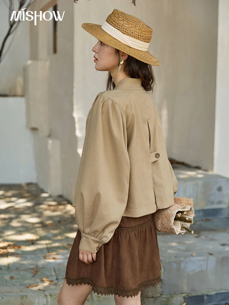 MISHOW British Trench Coat 2025 Autumn Women's Light Brown Stand Collar Coats Female Single Breasted Versatile Jacket MXE43W0802