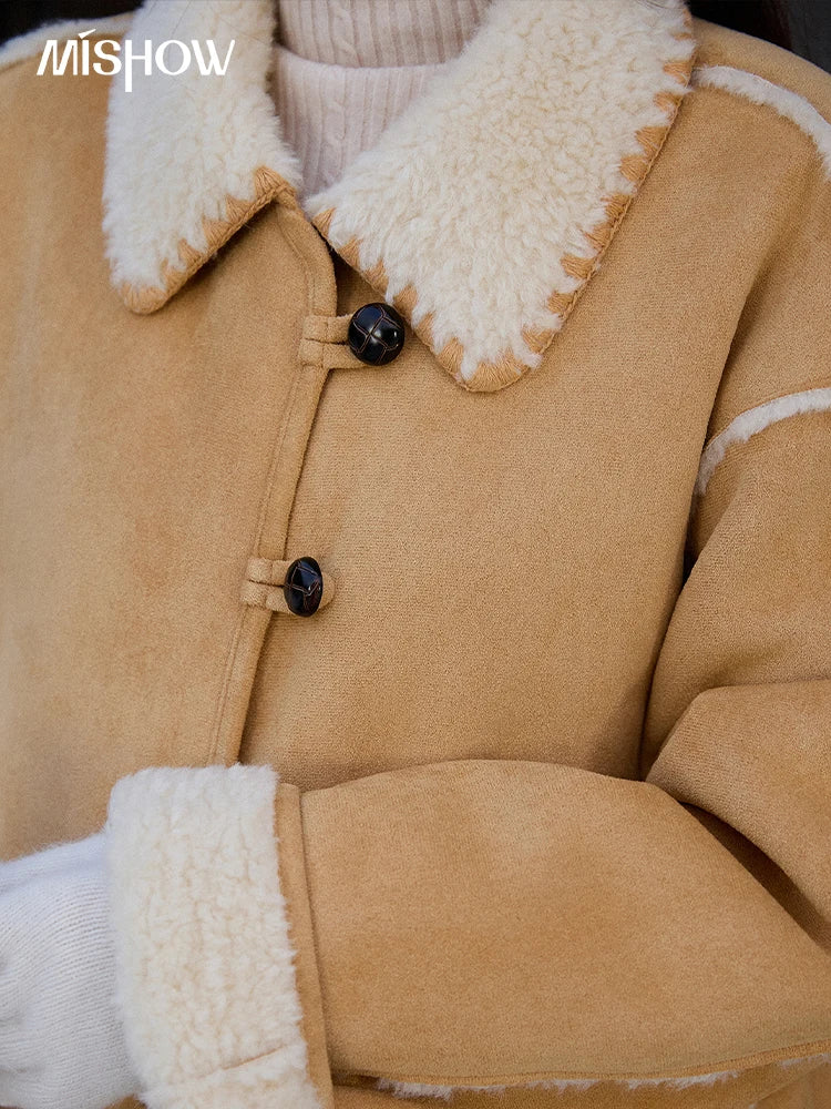 MISHOW Yellow Thickened Fur Integrated Suede Jacket for Women Winter 2025 Lapel Loose Warm Imitation Lamb Fur Jacket MXE92W1016
