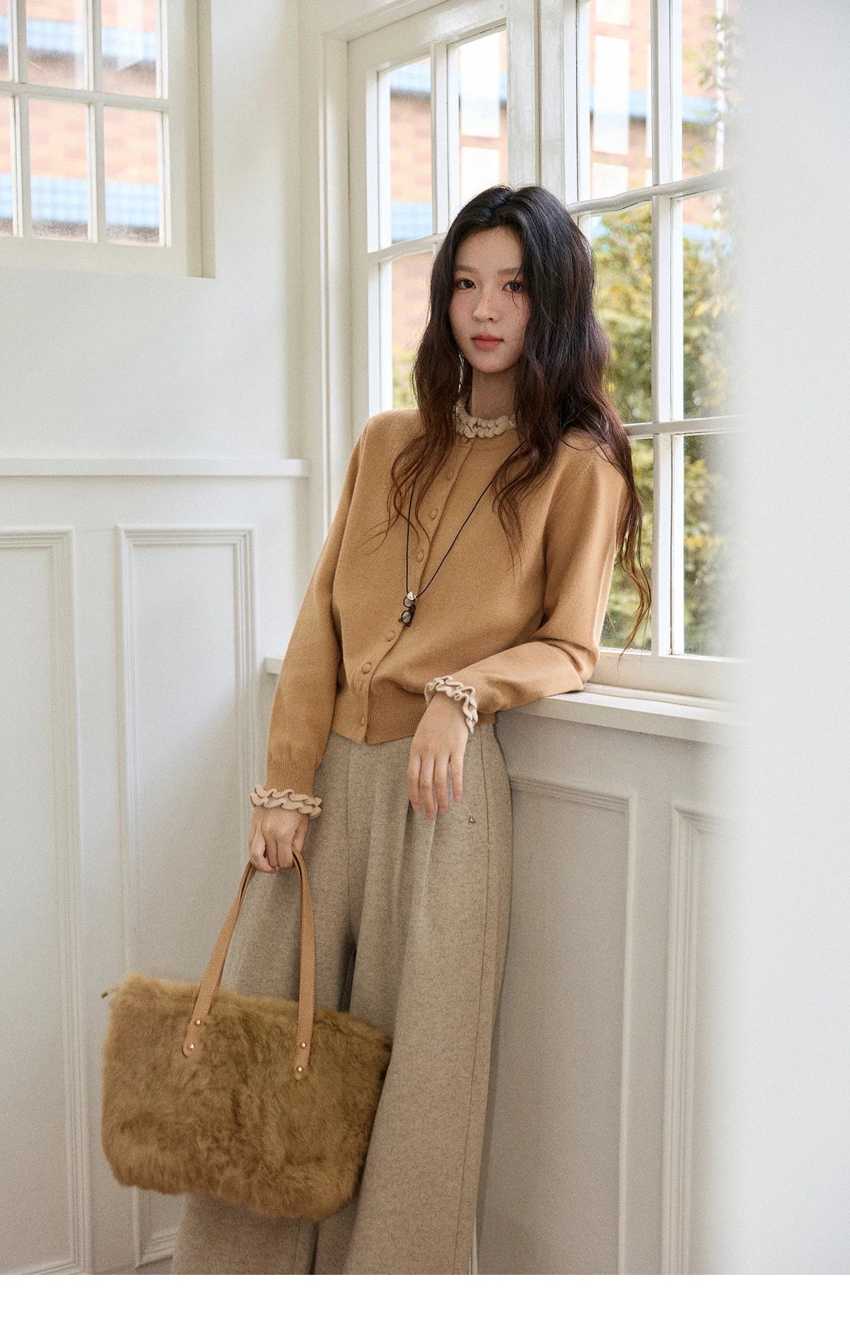 MISHOW Women Knit Cardigan Long Sleeve 2025 Winter Retro Ruffle O-neck Knitted Sweater Loose Casual Commute Khaki Top MXE91Z2749