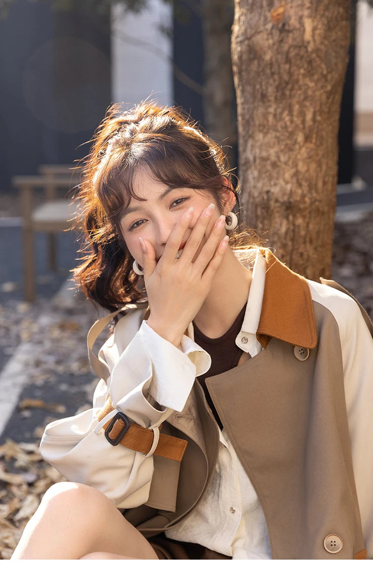 MISHOW Autumn Women's Khaki Trench Contrast Color Woman Clothes Spliced Turn-down Collar All-match Casual Jacket MXB31W0367