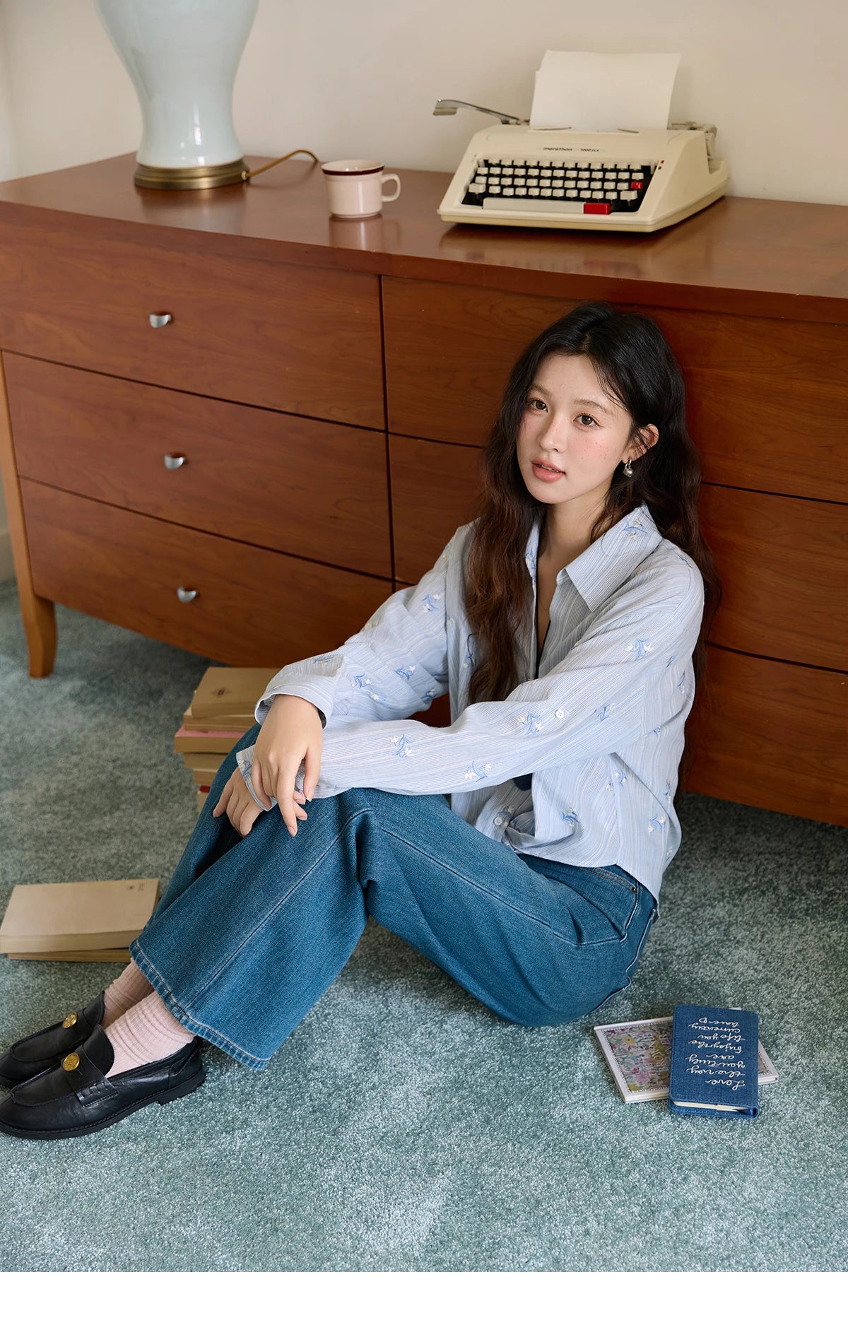 MISHOW Long Sleeve Shirts for Woman 2025 Autumn Retro Blue Single-breasted Blouse Floral Embroidery Casual Tops MXE45X2495