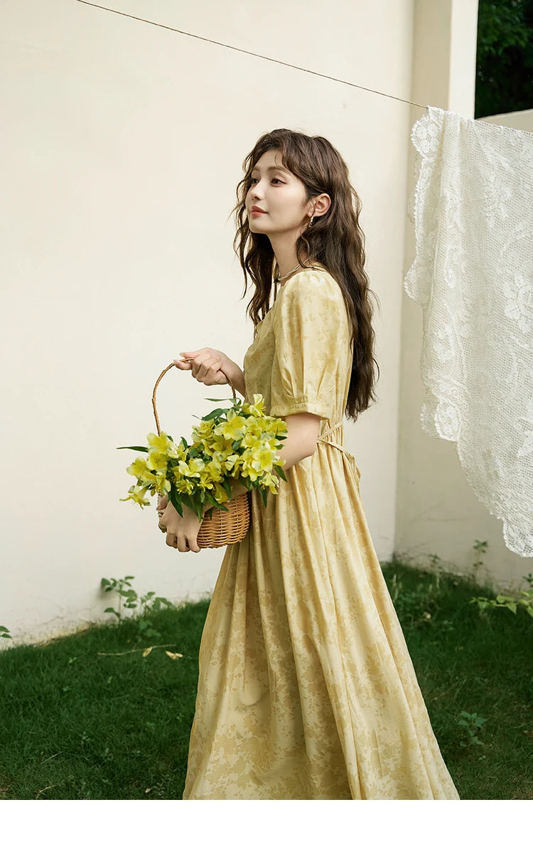 MISHOW Tea Break V-neck Dress for Women 2024 Summer French Temperament Chiffon Floral Puff Sleeve Waist Long Dresses MXD23L1878