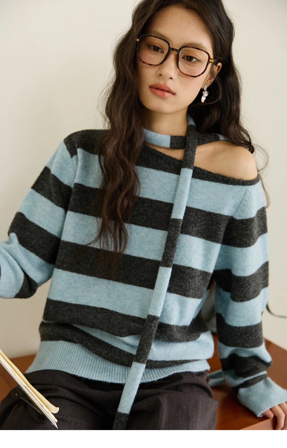 MISHOW Blue Gray Stripe Knitted Top 2025 Autumn Slanted Shoulder Collar Sweaters with Ribbon Loose Wool Blend Sweater MXE46Z2540