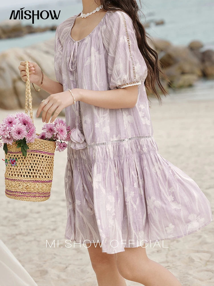 MISHOW Print Summer Chiffon Dress Women 2025 Short Sleeve U Neck Splicing Hollow Lace Midi Dresses Lady New Fashion MXE32L2164