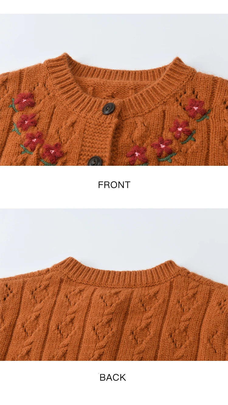 MISHOW Cardigan Woman 2025 Winter Fashion Orange Cable Knit Cardigan Floral Embroidery Retro O-neck Thick Knit Top MXE86Z2737
