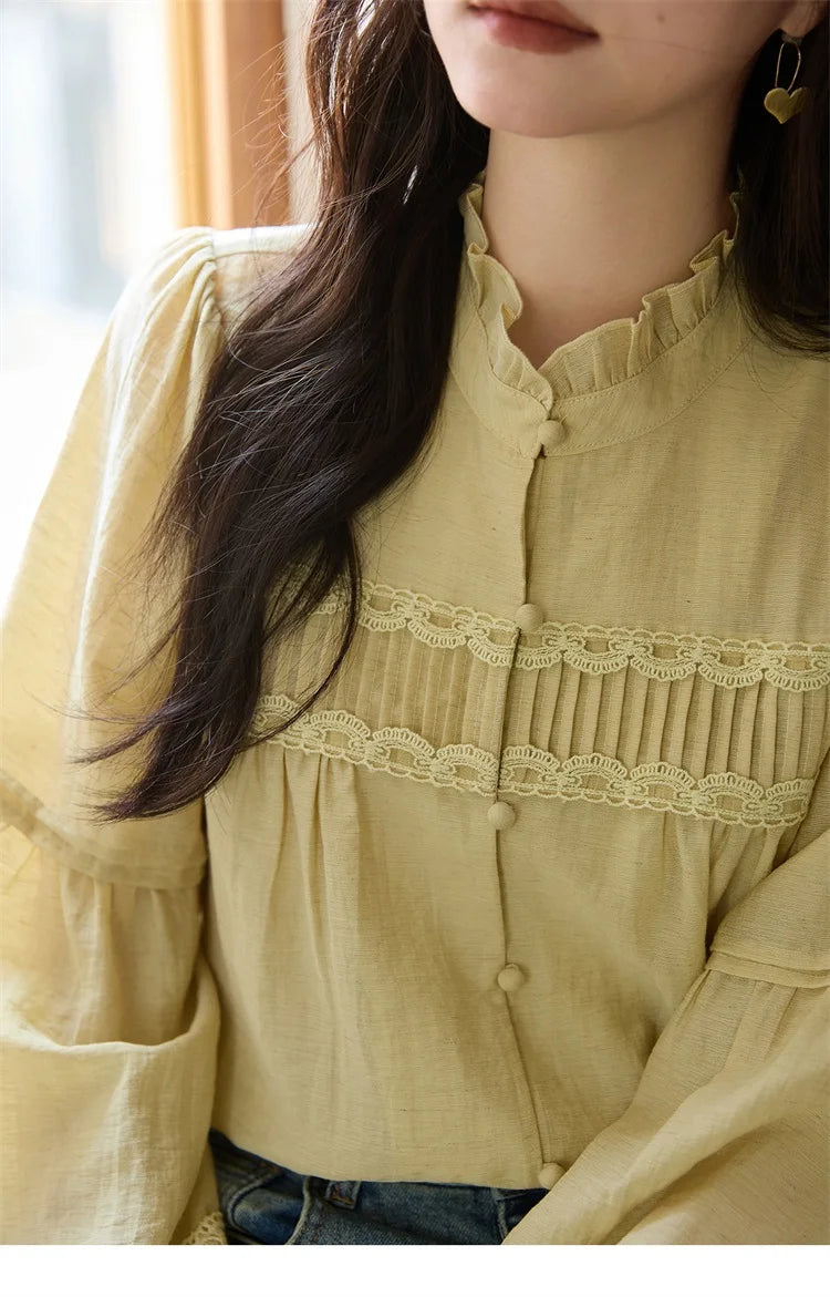 MISHOW Light Yellow Linen Solid Shirt 2025 Autumn Splicing Lace Hollow Sleeves Shirts Stand Collar Top Office Lady MXE42X1976