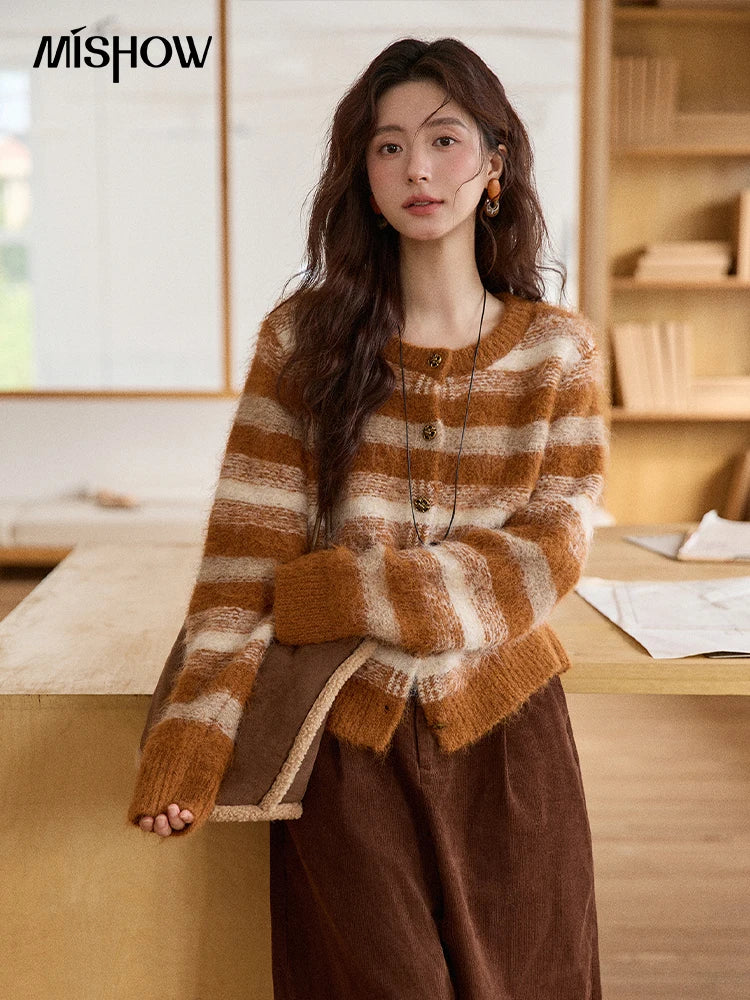 MISHOW Women's Cardigan Wool 2025 Winter Retro Striped Round Neck Long Sleeved Knitted Top Warm Comfortable Cardigan MXE87Z2723