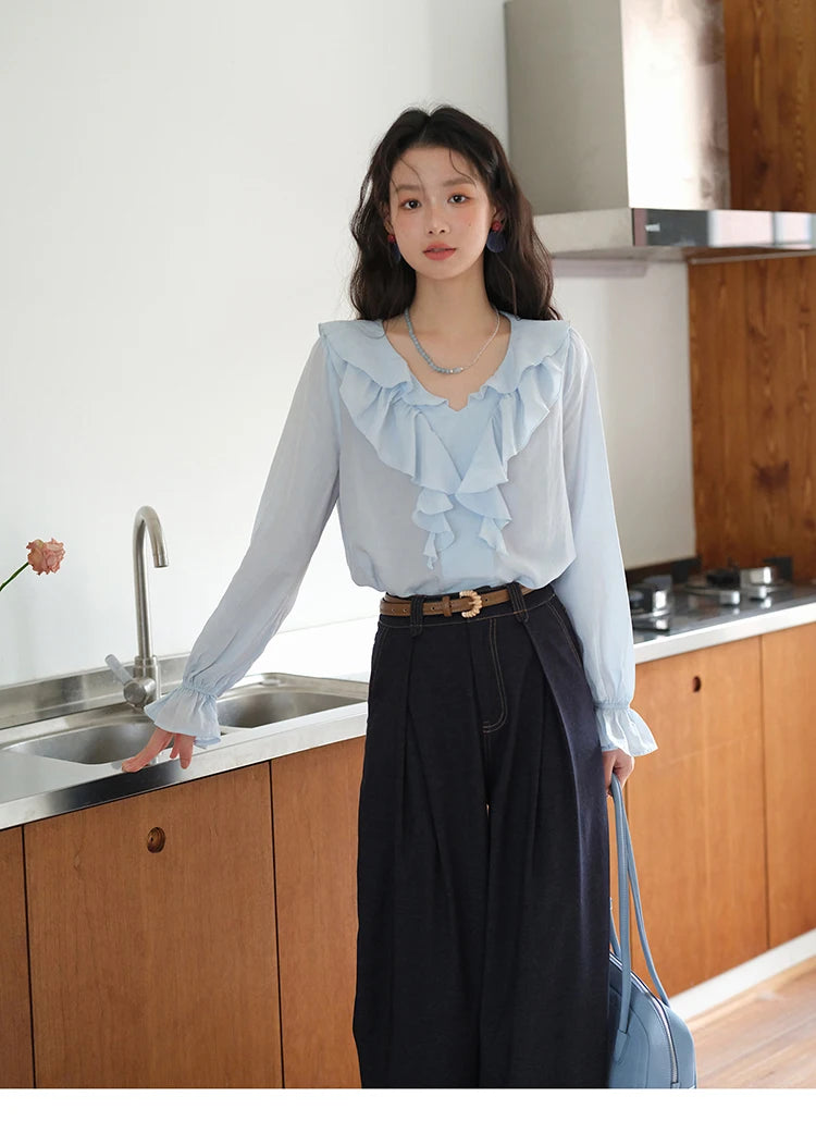 MISHOW Blue Lyocell Ruffled Shirt 2025 Autumn V-neck Flared Sleeves V-neck Shirts Commuting Elegant Versatile Tops MXE41X1969
