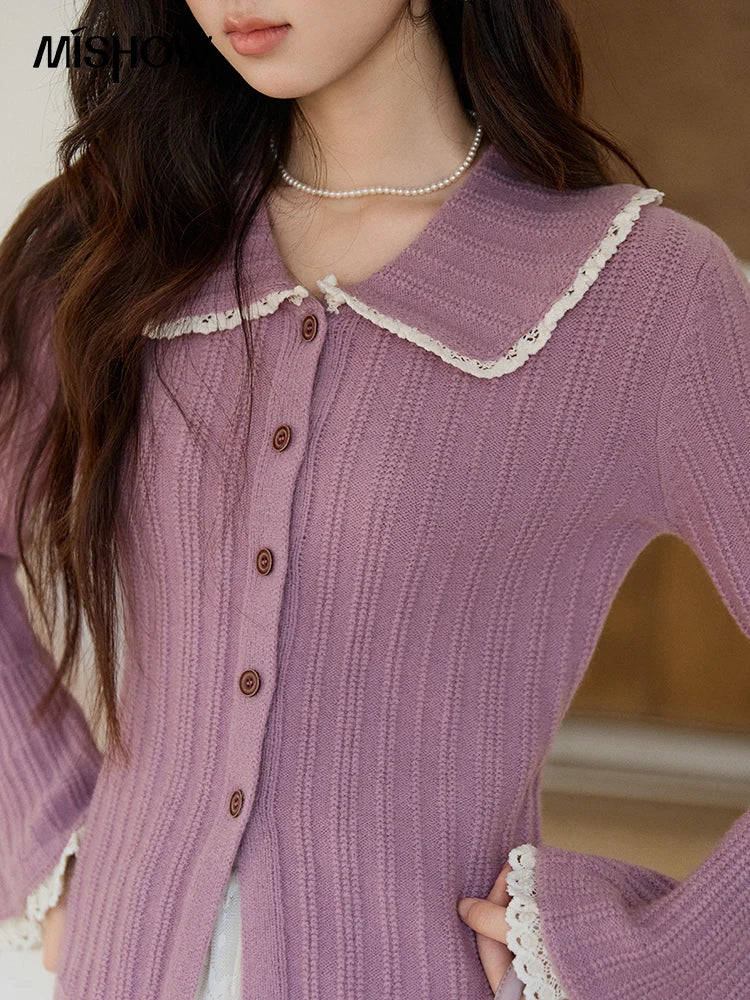 MISHOW Women's Lilac Flare Sleeve Knitted Cardigan 2026 Spring Peter Pan Collar Lace Trim Long Sleeve Slim Casual Top MXF11Z2994