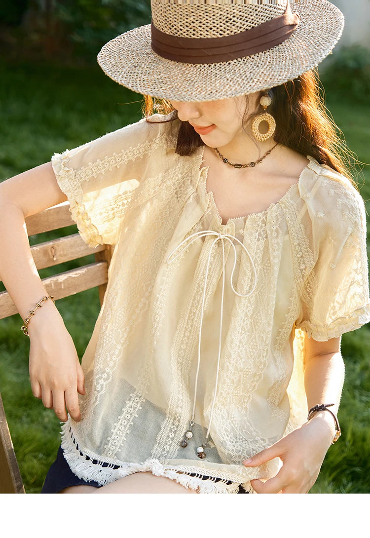 MISHOW Women's Embroidery Jacquard Blouse 2025 Summer New Fashion O-Neck Lace Up Short Sleeve Blouse Female Clothing MXE37X1861