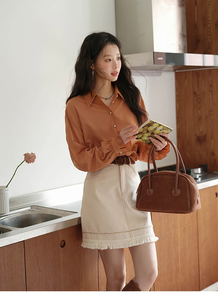 MISHOW Women's Shirts 2025 Autumn Color Blocking Buttons Pleated Cuffs Loose Top Female Solid Lapel Commuting Shirts MXE41C2352