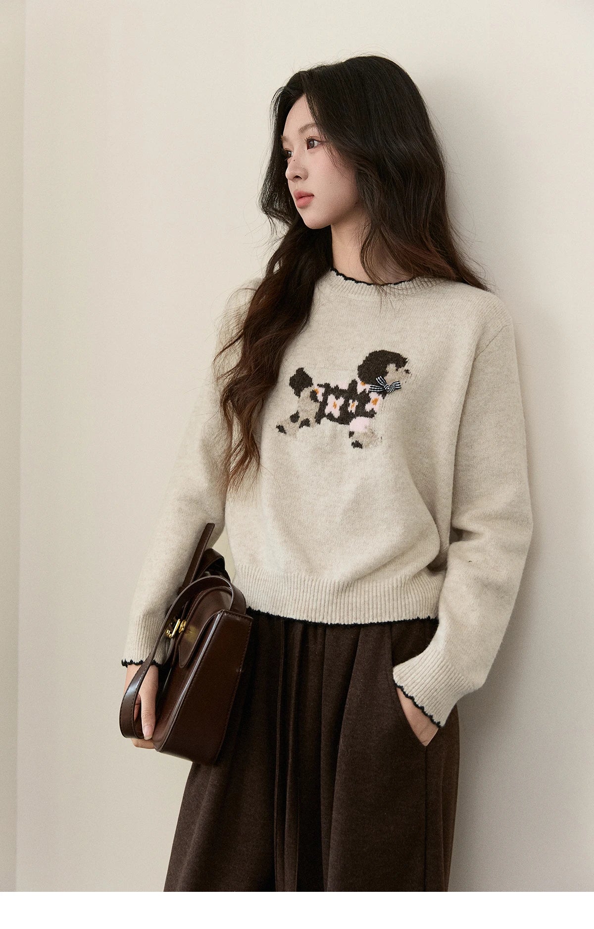 MISHOW Women's Burgundy Knitted Sweater 2025 Winter Poodle Pattern Ruffled Trim Crew Neck Sweater Warm Pullover Tops MXE93Z2949