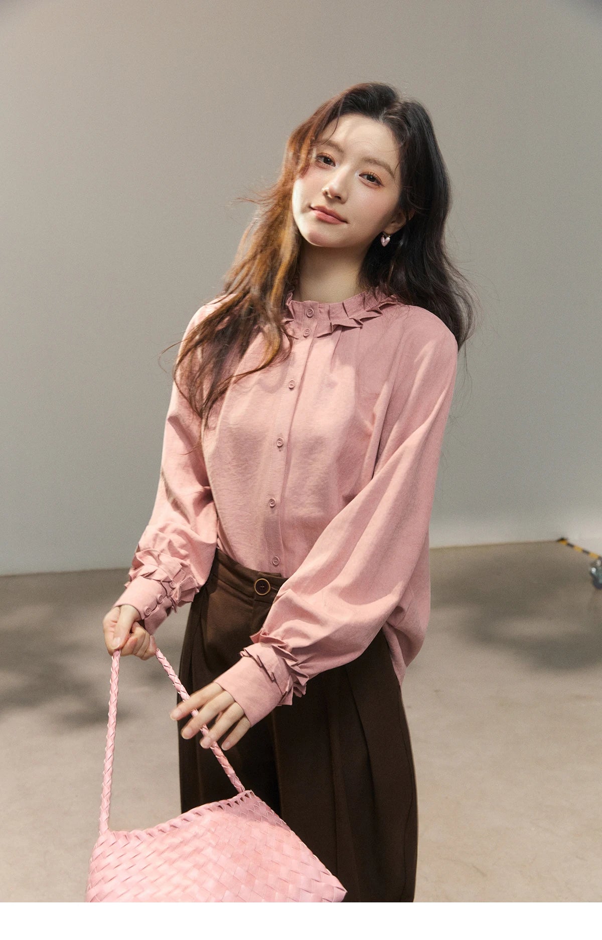 MISHOW Women's Peach Skin Solid Shirt 2026 Spring Ruffled Crew Neck Single-breasted Tops Casual Long Sleeve Shirts MXF11C2431