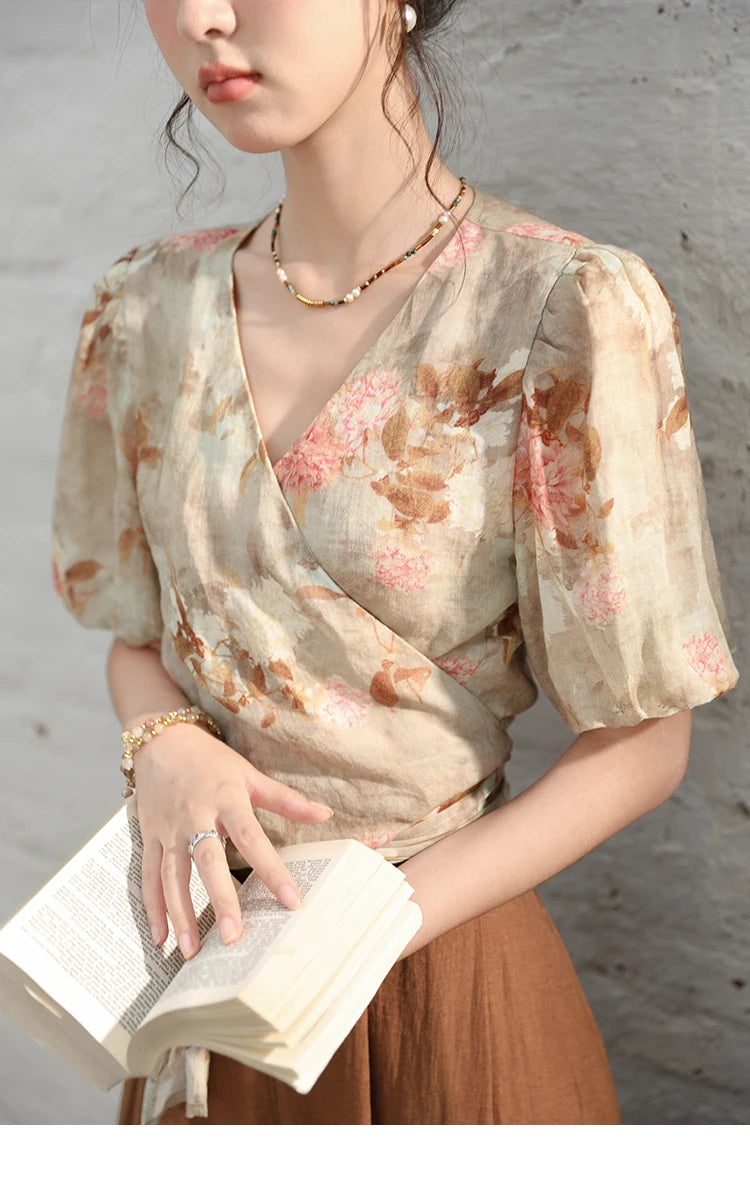 MISHOW French V-neck Floral Tops 2024 Summer Retro Short Sleeved Blouses Female Puff Sleeve Hem Strap One Piece Top MXD28X1619