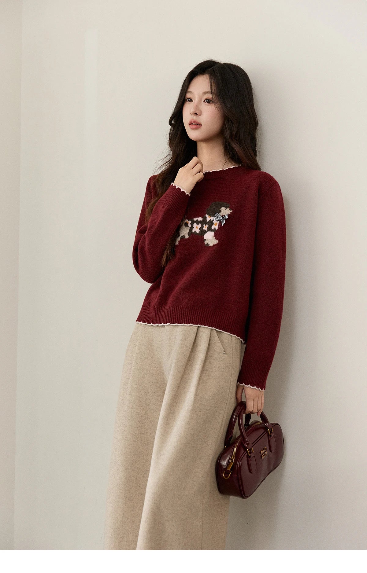 MISHOW Women's Burgundy Knitted Sweater 2025 Winter Poodle Pattern Ruffled Trim Crew Neck Sweater Warm Pullover Tops MXE93Z2949