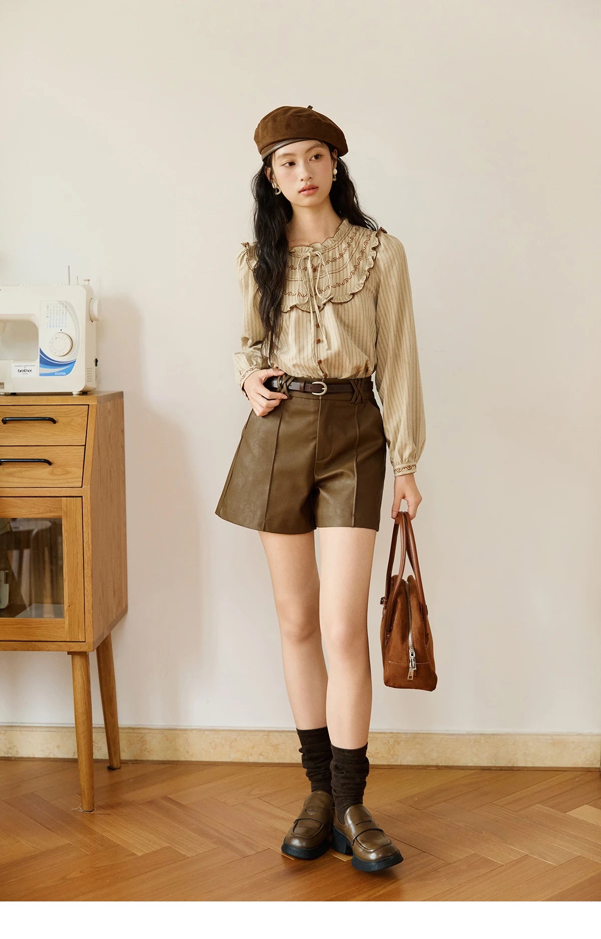 MISHOW Striped Shirt for Woman 2025 New Retro Wood Ear Edge Round Neck Embroidery Top Korean Popular Clothes Autumn MXE46X2492