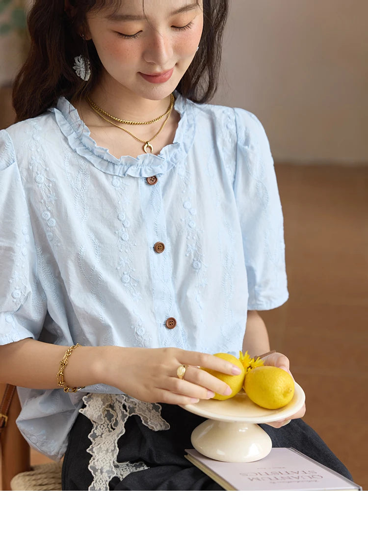 MISHOW 100% Cotton Women's Puff Sleeve Shirt 2025 Summer New Fashion Round Neck Button Top Casual Female Clothing MXE36X1873