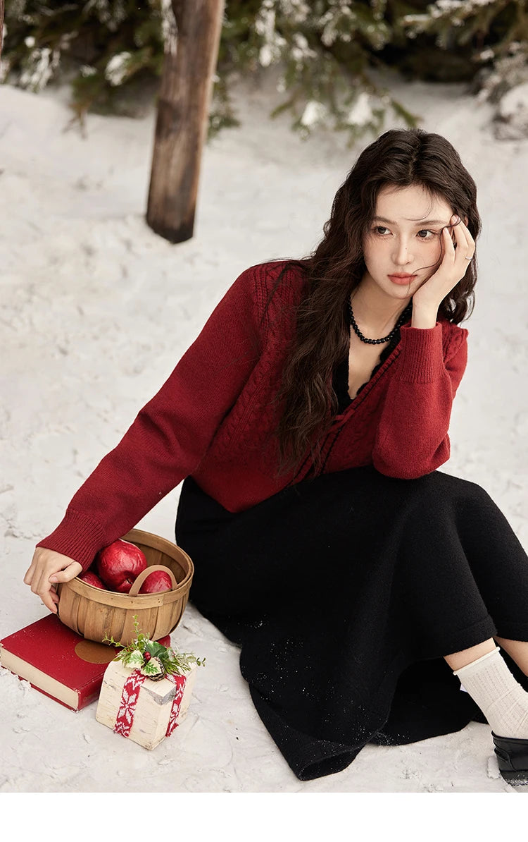 MISHOW Red Knitted Cardigan V-Neck Midi Dresses Separately A-LINE Temperament Grace Dress Flower Lace-up Warm Coat MXD58L2085