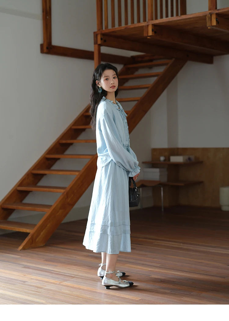 MISHOW Women's Light Blue Striped Linen Suit 2025 Autumn Fungus Edge V-neck Lace-up Shirt Elastic Waist Skirt Two pcs MXE41T0700