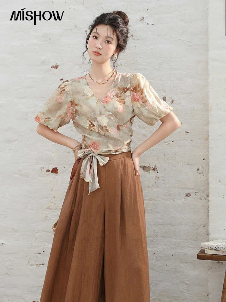 MISHOW French V-neck Floral Tops 2024 Summer Retro Short Sleeved Blouses Female Puff Sleeve Hem Strap One Piece Top MXD28X1619