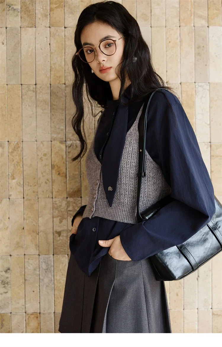 MISHOW Woman Shirt Set 2025 Autumn Fashion New Navy Blue Ribbon Design Layered Shirt Knit Camisole Two-piece Suit MXE47T1412