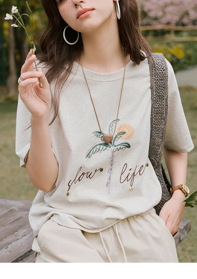 MISHOW Casual Summer Print Shirts Women 2025 Short Sleeve Round Neck Coconut Tree Straight T-shirts Woman Versatile MXE31T0520