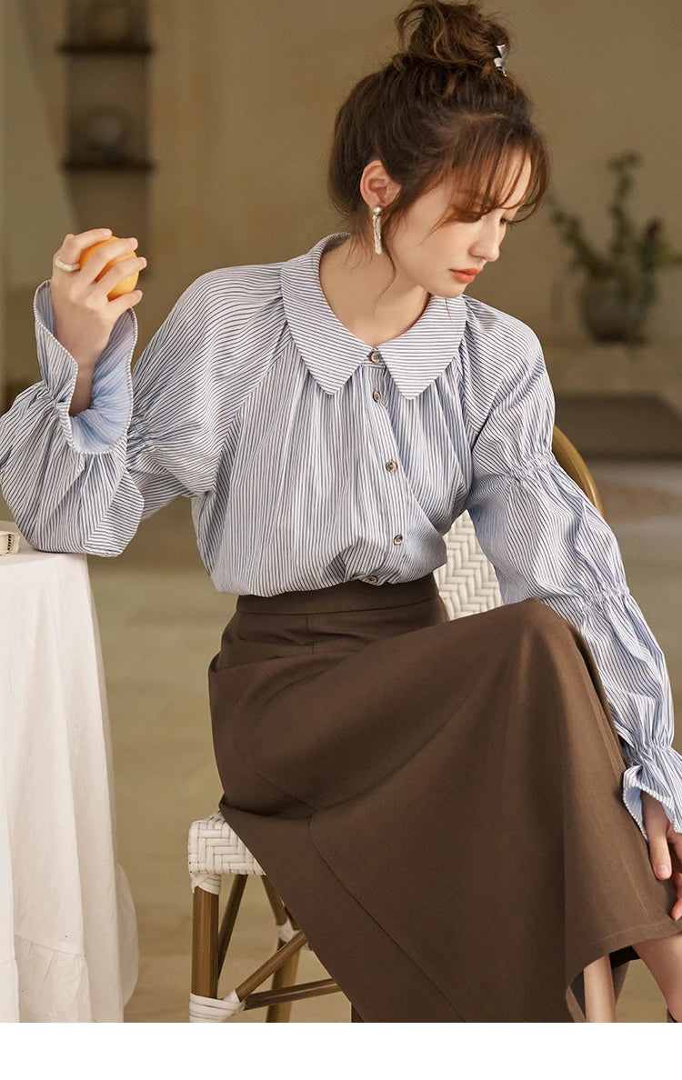 MISHOW Women's Blue Stripe Shirt 2024 Spring Fashion French Retro Bubble Sleeves Doll Neck Loose Tops Office Lady MXD12C0163
