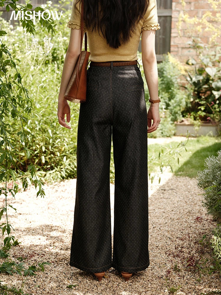 MISHOW Women's Fashion Polka Dot Pants Summer 2025 New High Waist Straight Pants Casual Button Zipper Wide Leg Jeans MXE38K0956