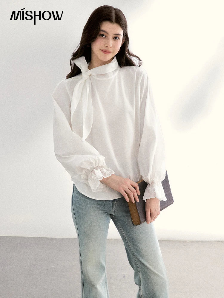 MISHOW Women's White Blouse Spring Bow Tie Neck Lantern Sleeve Patchwork Lace Blouses Casual Elegant Top Office Lady MXF108C0814