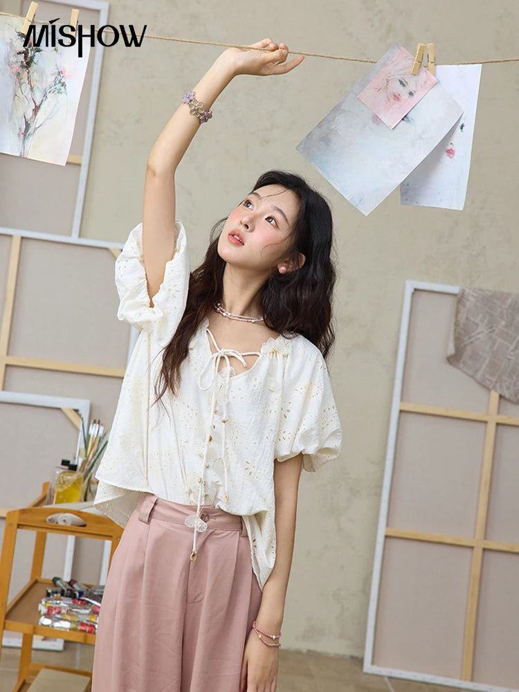 MISHOW Fashion Embroidery Jacquard Design Short Sleeve Shirt for Women 2025 Summer New V-neck Lace Up Retro Loose Top MXE35X1790