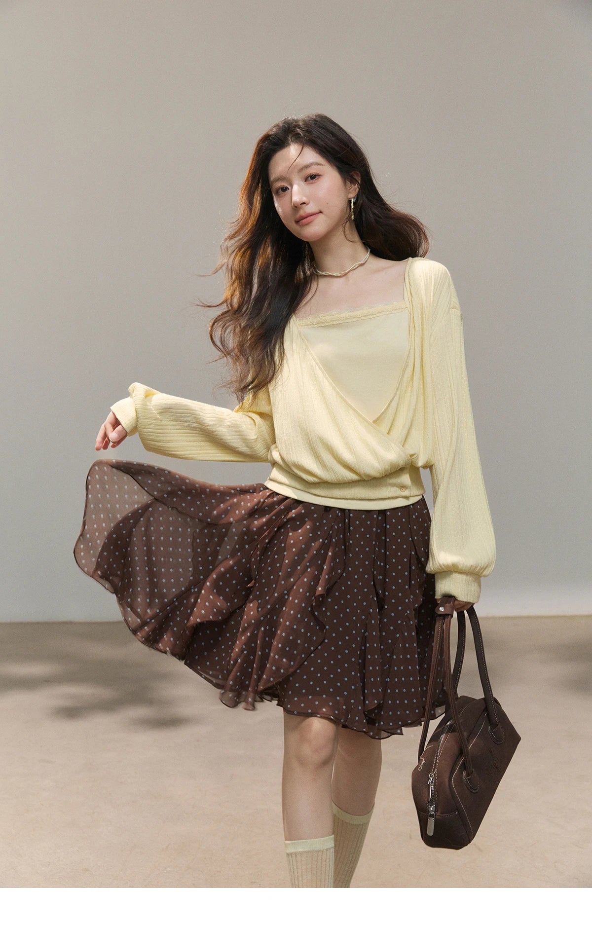 MISHOW Women's Lemon Yellow Two-Piece Set Spring Knitted Lantern Sleeve Pullover Tops Strap Lace Edge Camisole Set MXF13T1513