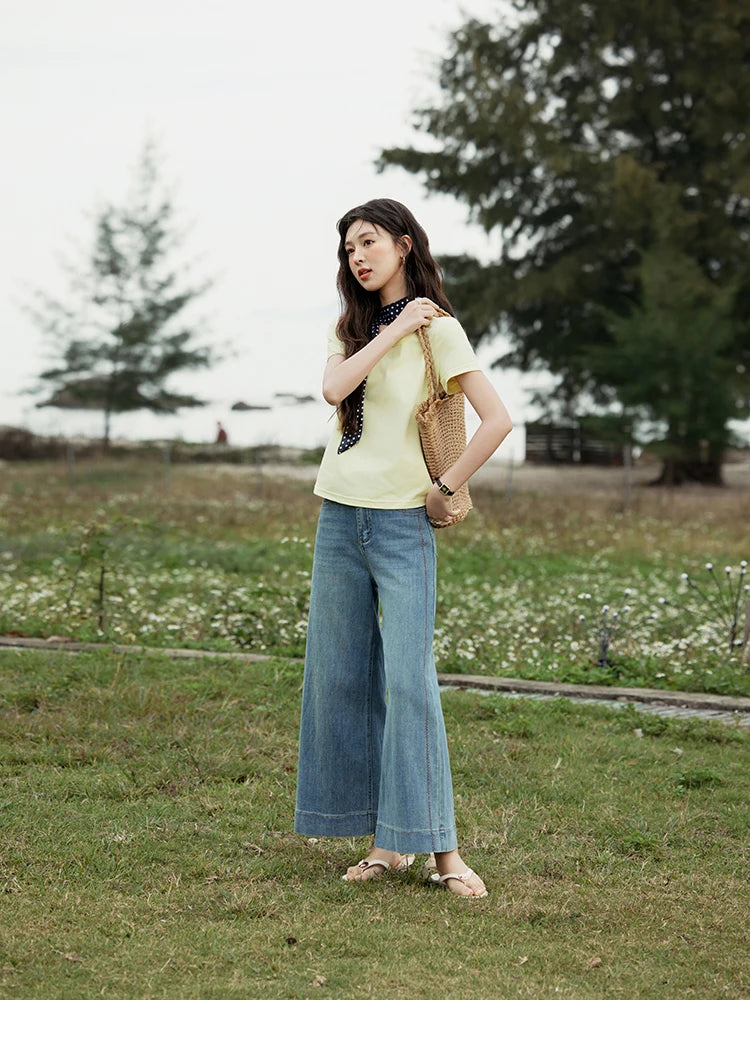 MISHOW Solid Casual T-shirts Women Summer 2025 New Square Neck Short Sleeve Shirt Female Fashion Straight Tops Woman MXE15T0483