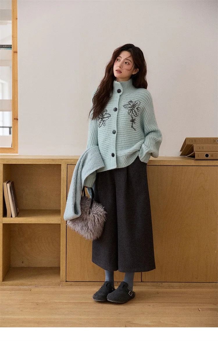 MISHOW Women's Pants 2025 Fashion Gray Wool Wide-leg Pants High-waisted Cropped Retro Style Commuting Pants Warm MXE90K1128