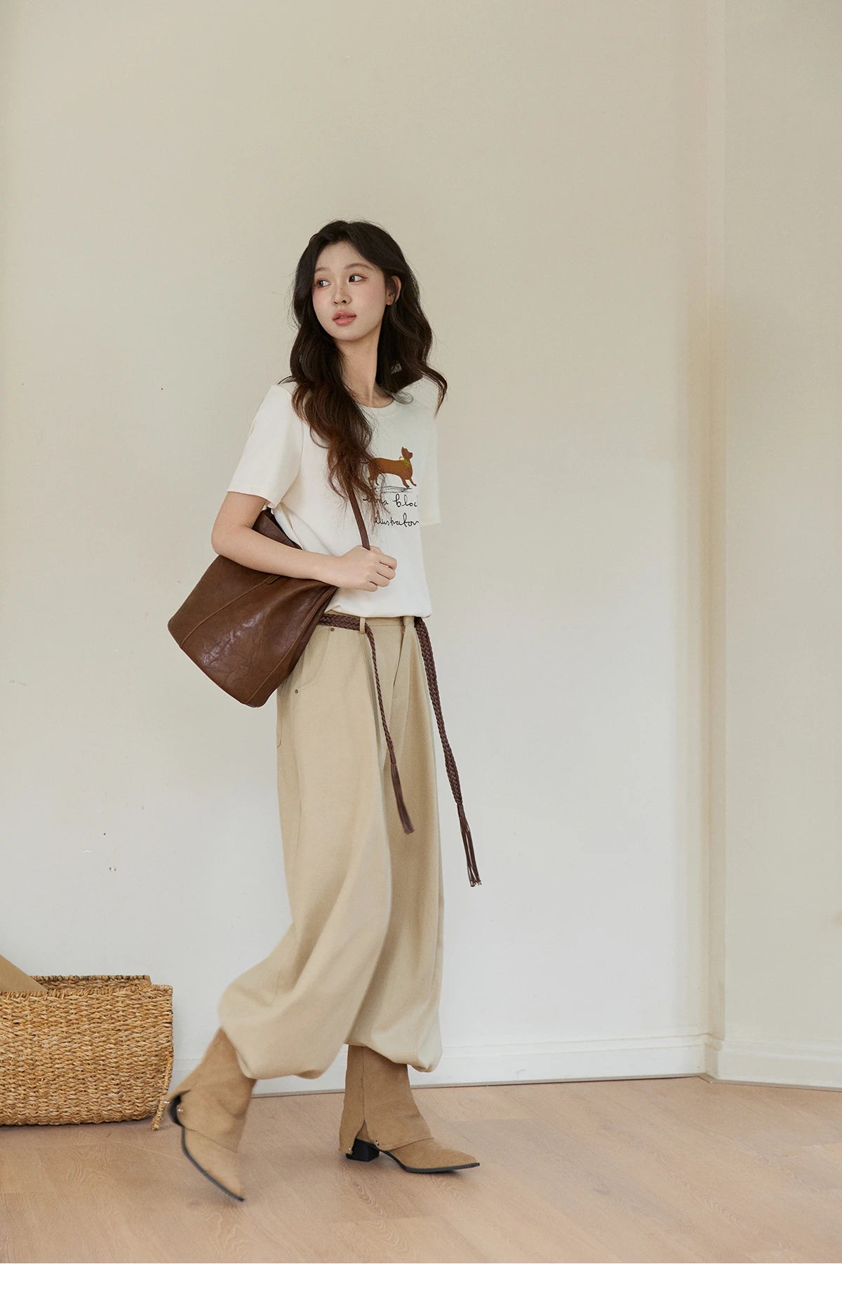 MISHOW Women's Khaki Wide Leg Pants 2026 Spring High Waist Belted Pants Rear Fake Pocket Design Casual Loose Trousers MXF13K1237