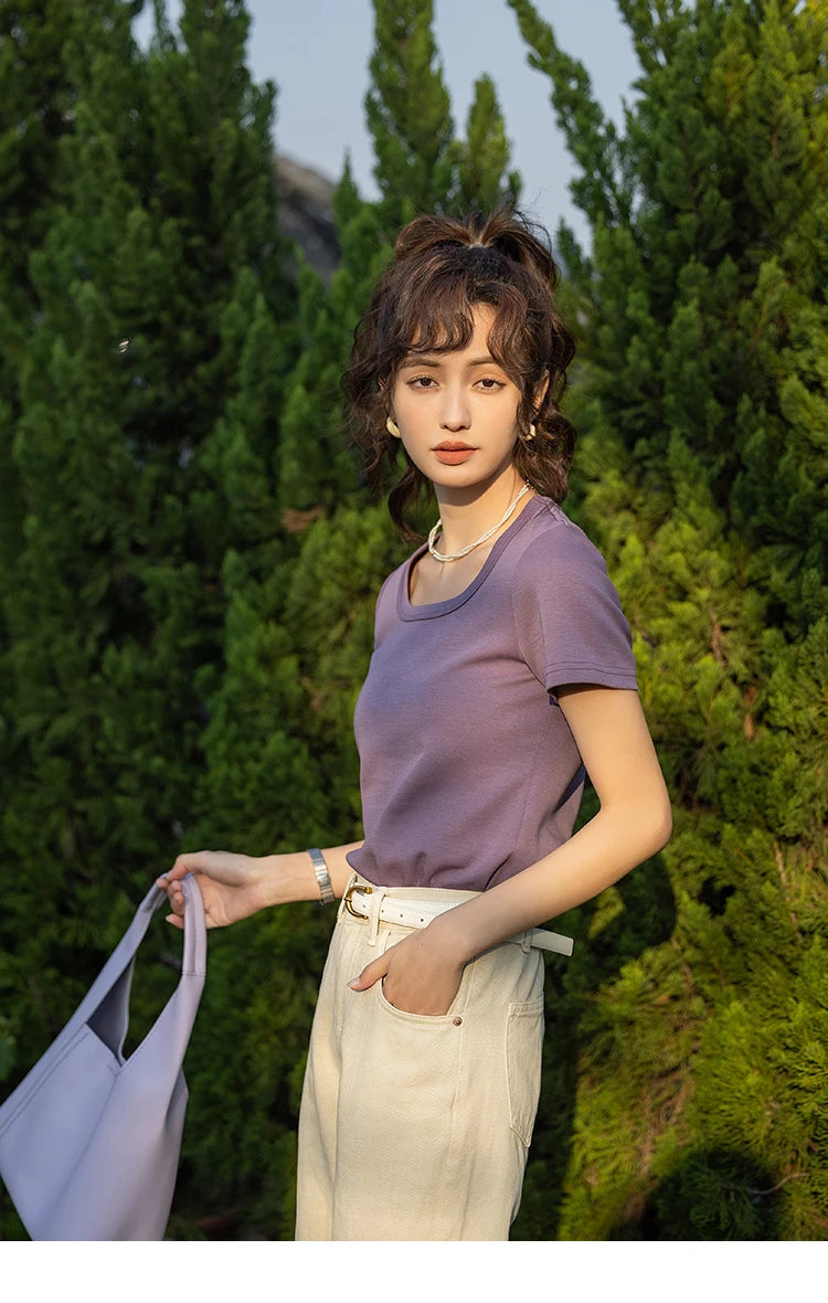 MISHOW Short Sleeve T-shirts Women Spring Solid Square-neck Top Elegant Woman Clothes Office Lady Cotton Tees MXC12T0641