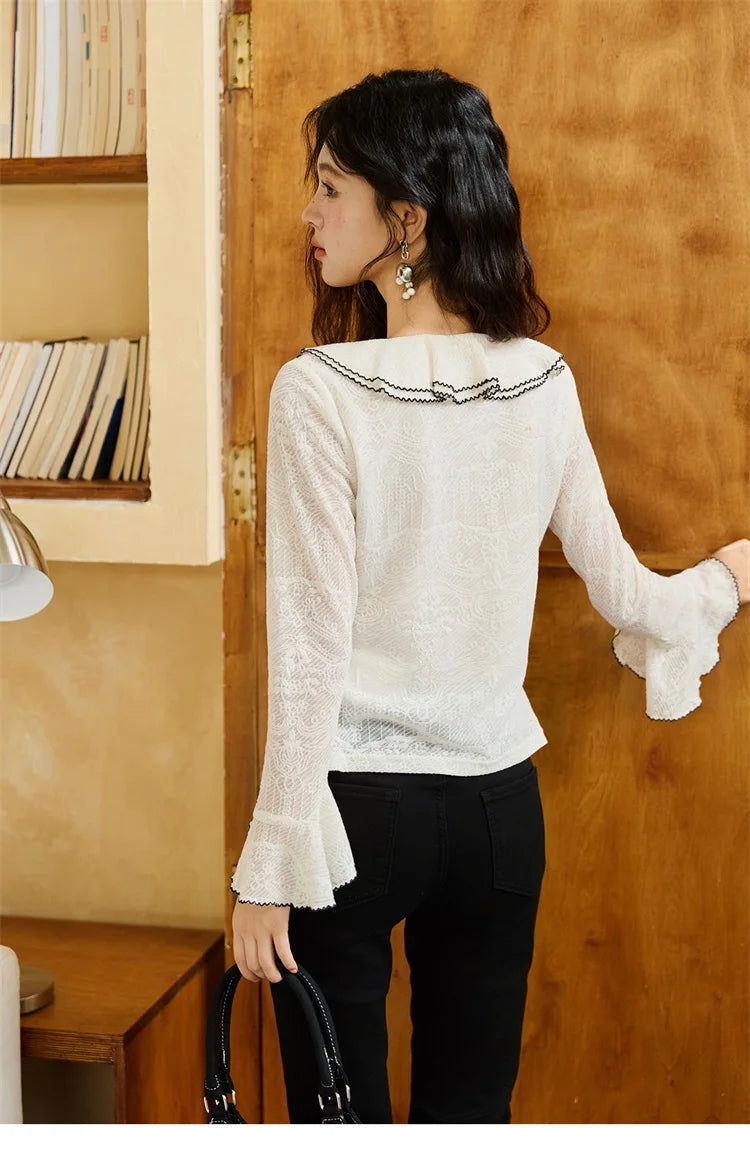 MISHOW Lace Blouse for Women Autumn 2025 V-neck Ruffle Edge Contrasting Embroidery Loose Top Flare Sleeve Blouses MXE45X2483