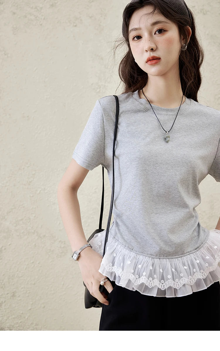 MISHOW Lace Hem Splicing T-shirt for Women Spring/summer 2025 Round Neck Versatile Top Streetwear Solid Casual Tees MXE31T0528