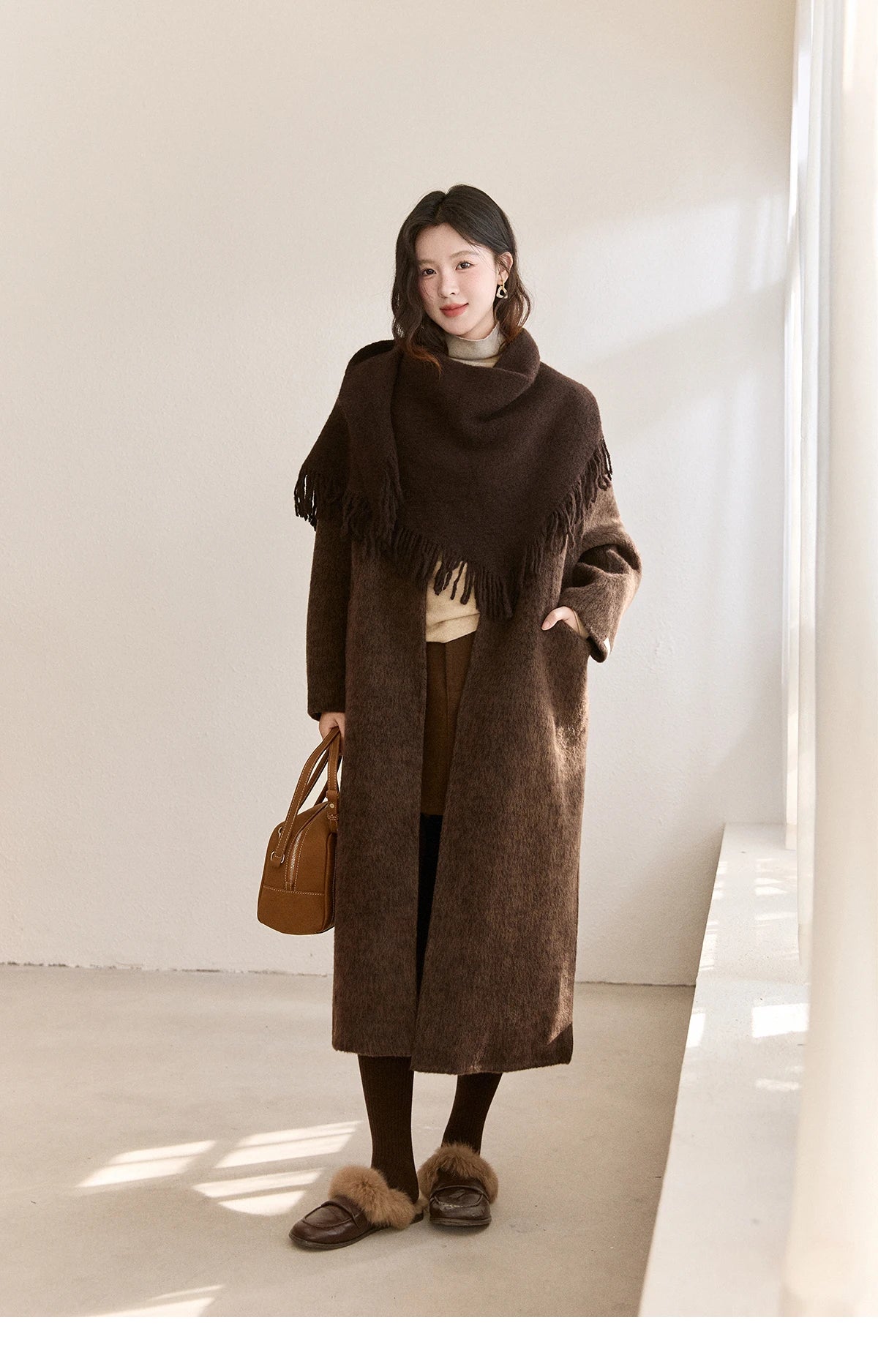 MISHOW Women's Woolen Coat with Scarf Winter Invisible Buckle Design Wool Overcoat Loose Elegant Warm Outerwear MXE93W1030