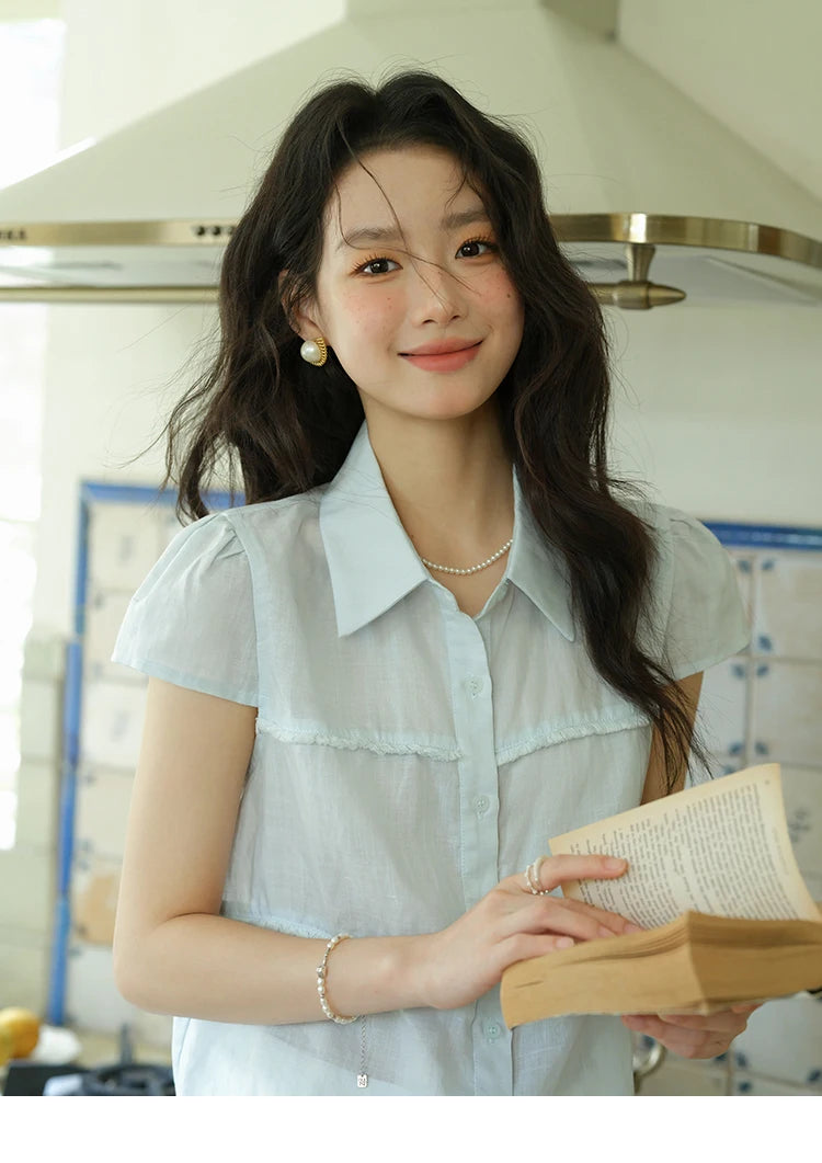 MISHOW Women's Turn-down Collar Button Casual Shirt 2025 Summer New Ladies Wear Edge Splicing Commut Short Sleeve Top MXE39C2363