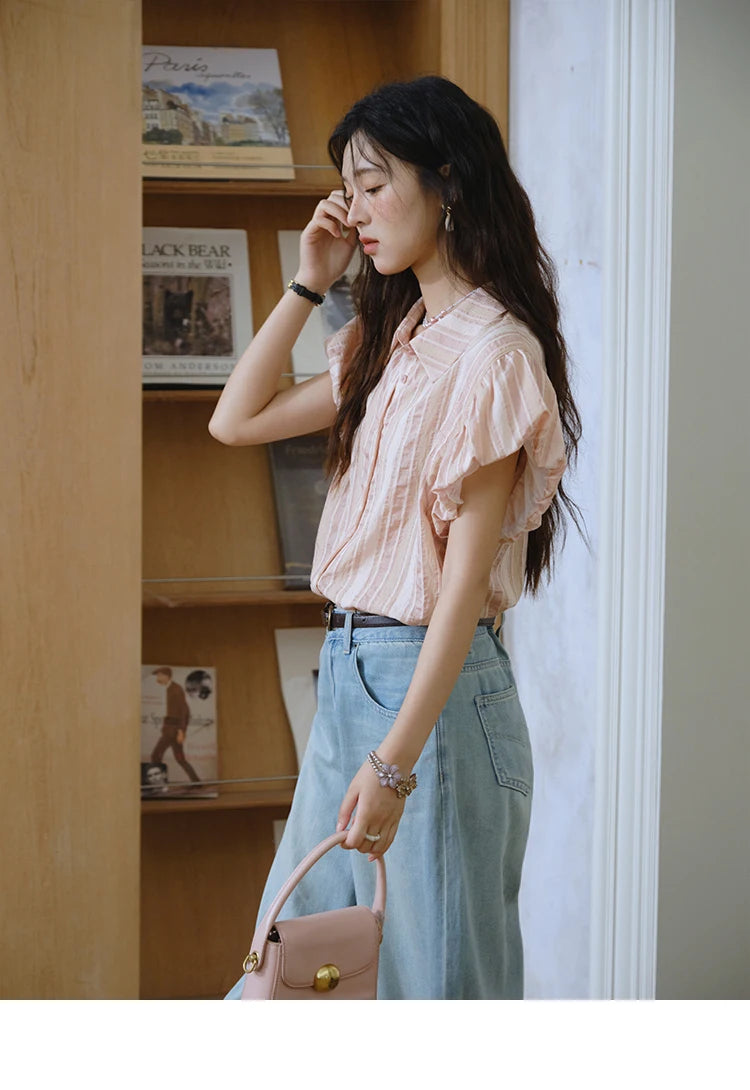 MISHOW Pink Turn-down Collar Flower Bud Sleeve Shirt for Women 2025 Summer New Women's Clothing Button Striped Shirt MXD24C0204