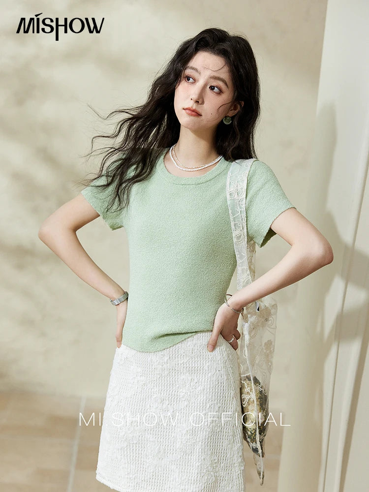 MISHOW Women's Short Sleeved Knitted T-shirt Spring 2025 Korean Minimalist Back Hollowed Out Pearl Buckle Design Tees MXE13Z1072