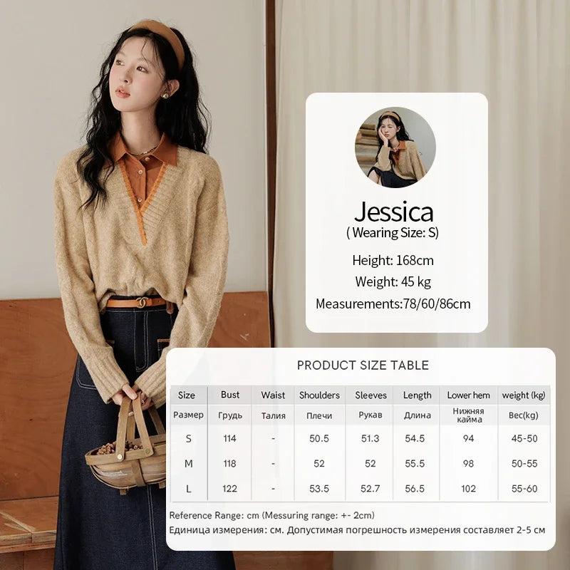 MISHOW Vintage Sweater False Two-piece Sweet Fashion V-neck Knitwear 2024 Fall New Vintage Versatile Sweater Tops MXD42Z0695